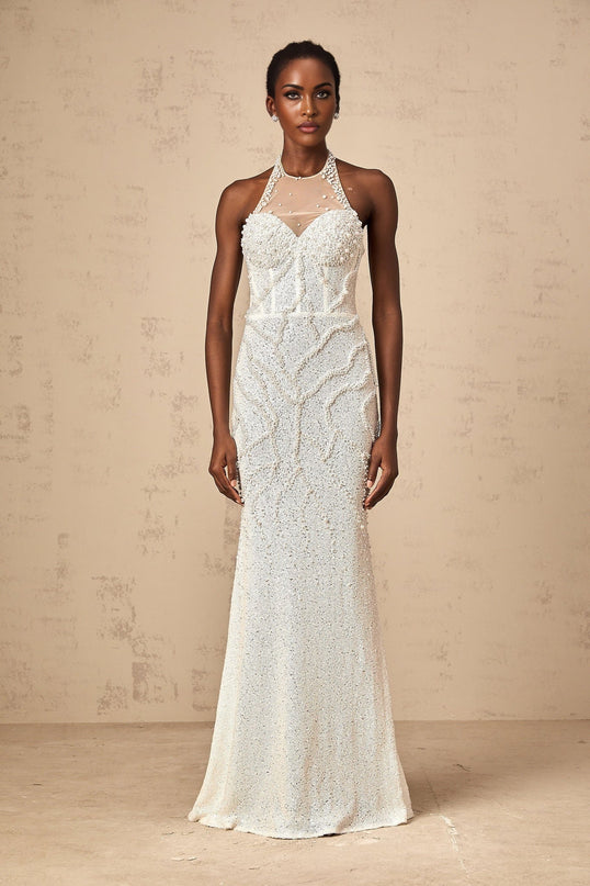 Alexis White Maxi Dress with Faux-Pearl Embellishments and Tulle Construction