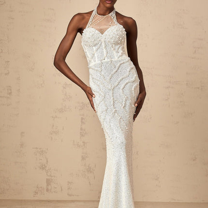 Alexis White Maxi Dress with Faux-Pearl Embellishments and Tulle Construction