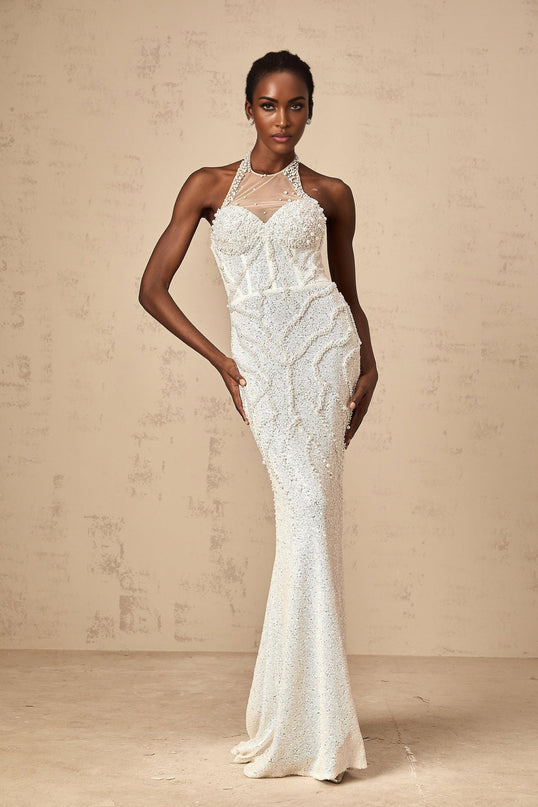 Alexis White Maxi Dress with Faux-Pearl Embellishments and Tulle Construction