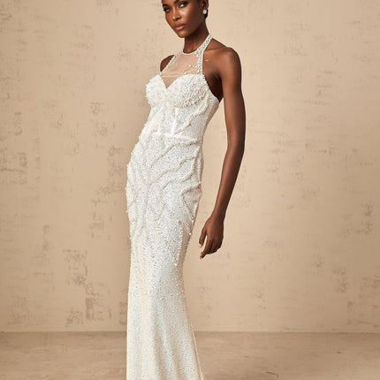 Alexis White Maxi Dress with Faux-Pearl Embellishments Tulle and Spandex Composition