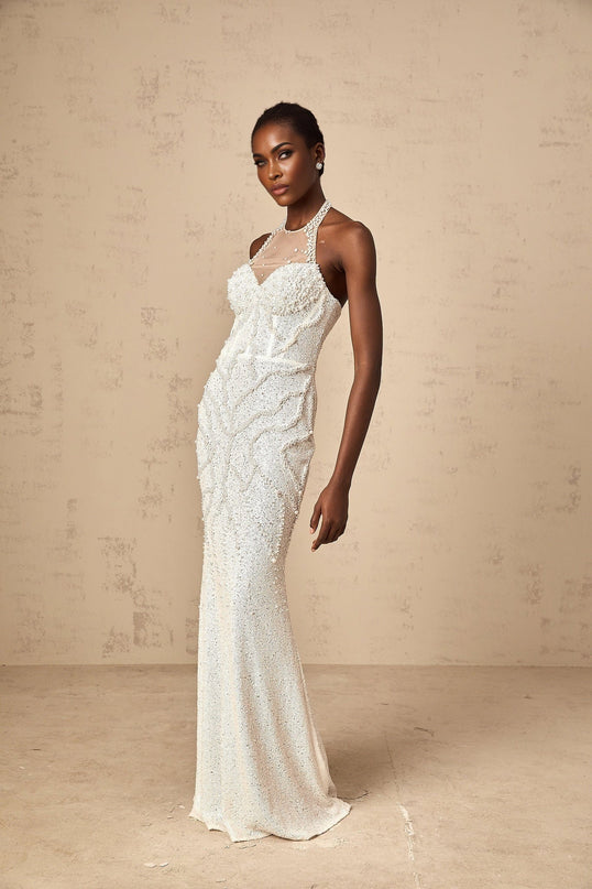 Alexis White Maxi Dress with Faux-Pearl Embellishments Tulle and Spandex Composition