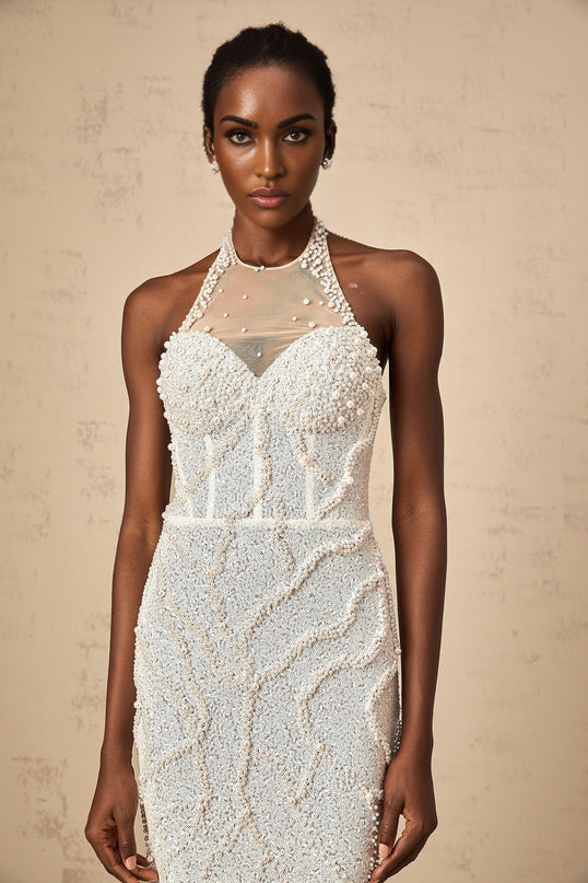 Alexis White Maxi Dress with Faux-Pearl Embellishments