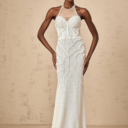 Alexis White Maxi Dress with Faux-Pearl Embellishments and Sheer Tulle Construction