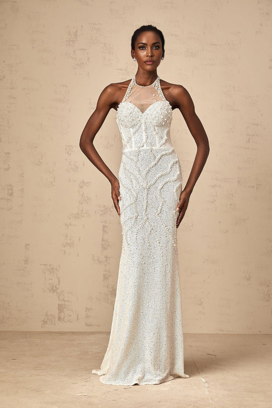 Alexis White Maxi Dress with Faux-Pearl Embellishments and Sheer Tulle Construction