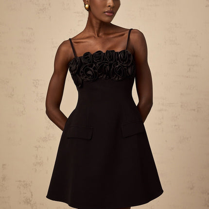 Alfreda Black Floral Appliqué Mini Dress Terylene Fiber