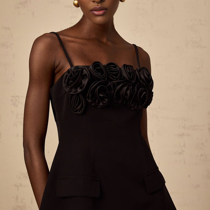 Alfreda Black Floral Appliqué Mini Dress with Cinched Waist and Spaghetti Straps