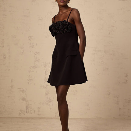 Alfreda Black Floral Appliqué Mini Dress with Cinched Waist and Spaghetti Straps