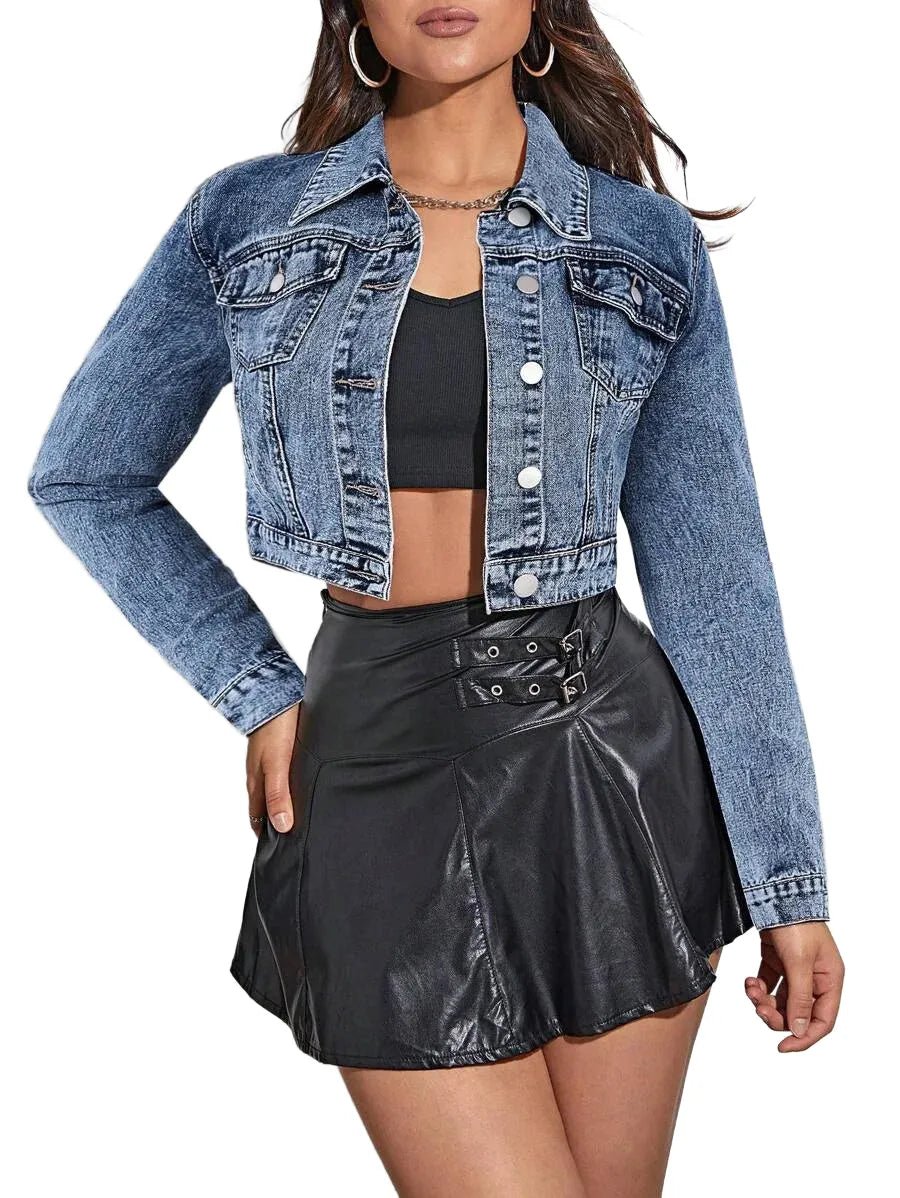 Alfreda Cropped Denim Jacket with Classic Style in Blue - Blue