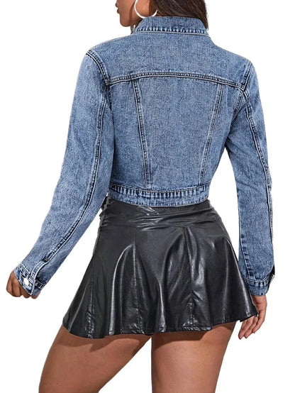 Alfreda Cropped Denim Jacket with Classic Style in Blue - Blue