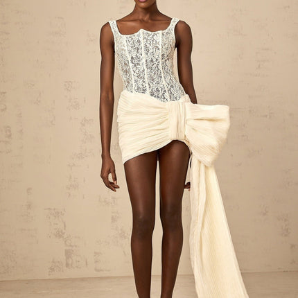 Alfreda Neutrals Lace Mini Dress Oversize Bow Pleated Detailing