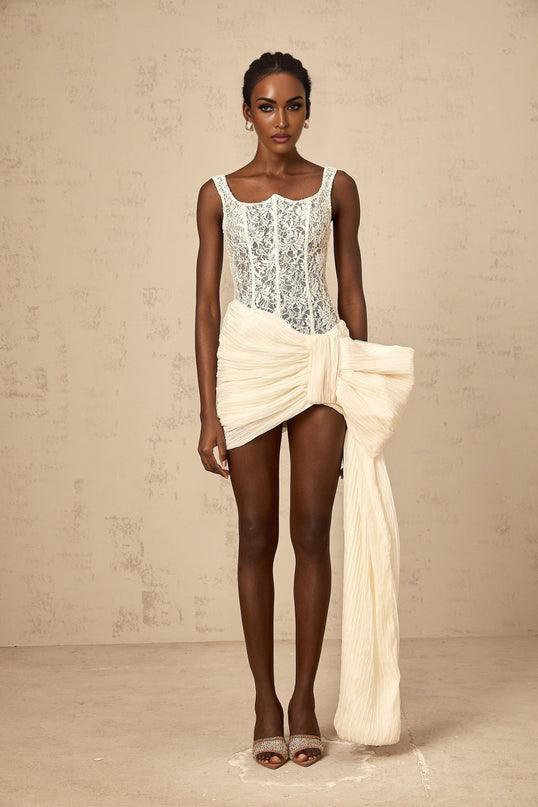 Alfreda Neutrals Mini Dress Oversize Bow Floral Lace Boned Bodice Pleated Detailing Wide Straps Ribbon Design Rear Zip Fastening Thigh-Length Terylene Fiber Spandex