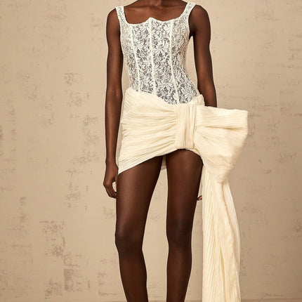 Alfreda Neutrals Mini Dress Oversize-Bow Floral Lace Boned Bodice Pleated Detailing Wide Straps Ribbon Design Rear Zip Fastening Thigh-Length 97% Terylene 3% Spandex