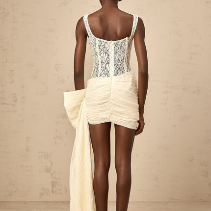 Alfreda Neutrals Oversize Bow Floral Lace Mini Dress