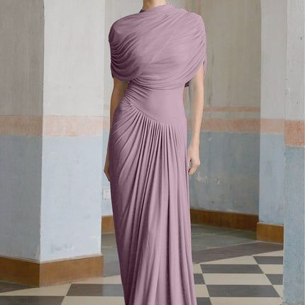 Alfreda Purple Maxi Dress Pleated Shawl Design Sleeveless Crew Neck Elegant Formal Floor-Length Luxury