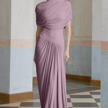 Alfreda Purple Maxi Dress Pleated Shawl Design Crew Neck Sleeveless Floor-Length Elegant Luxury