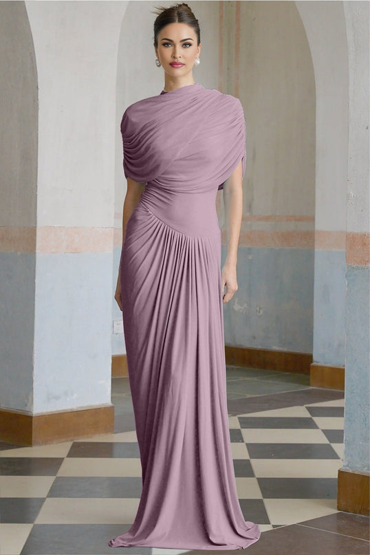 Alfreda Purple Maxi Dress Pleated Shawl Design Crew Neck Sleeveless Floor-Length Elegant Luxury