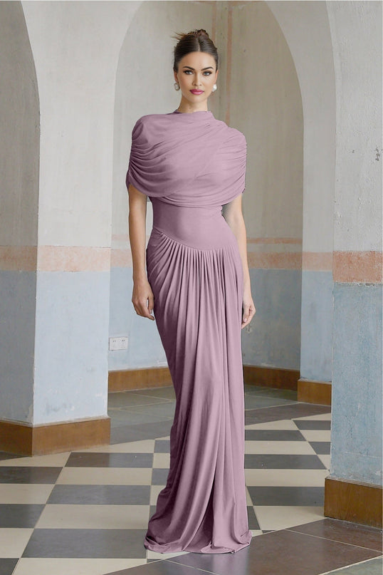 Alfreda Purple Maxi Dress Pleated Detailing Shawl Design Sleeveless Silhouette Floor-Length Luxurious Blend Polyamide Elastane Grace Charm Modern Luxury