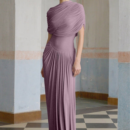 Alfreda Purple Maxi Dress Pleated Shawl Design Sleeveless Crew Neck Elegant Formal Floor-Length Luxury