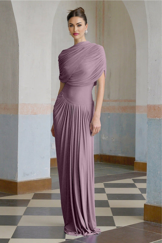 Alfreda Purple Maxi Dress Pleated Shawl Design Sleeveless Crew Neck Elegant Formal Floor-Length Luxury