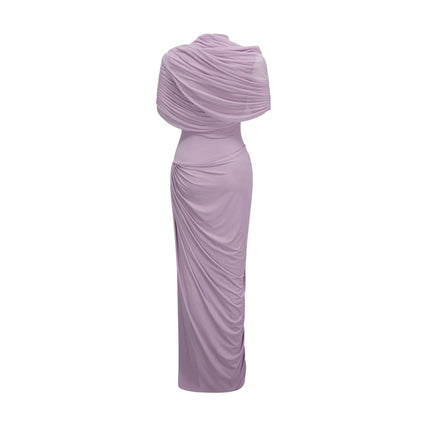 Alfreda Purple Maxi Dress Pleated Shawl Design Crew Neck Sleeveless Floor-Length Elegant Luxurious Polyamide Elastane