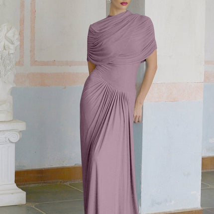 Alfreda Purple Maxi Dress Pleated Shawl Design Sleeveless Crew Neck Elegant Formal Floor-Length Polyamide Elastane Luxury