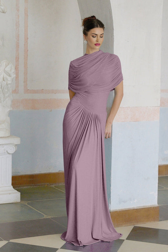 Alfreda Purple Maxi Dress Pleated Shawl Design Sleeveless Crew Neck Elegant Formal Floor-Length Polyamide Elastane Luxury