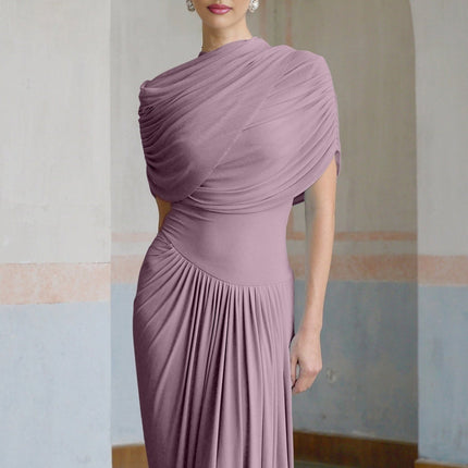 Alfreda Purple Maxi Dress Pleated Shawl Design Sleeveless Crew Neck Floor Length Elegant Luxury