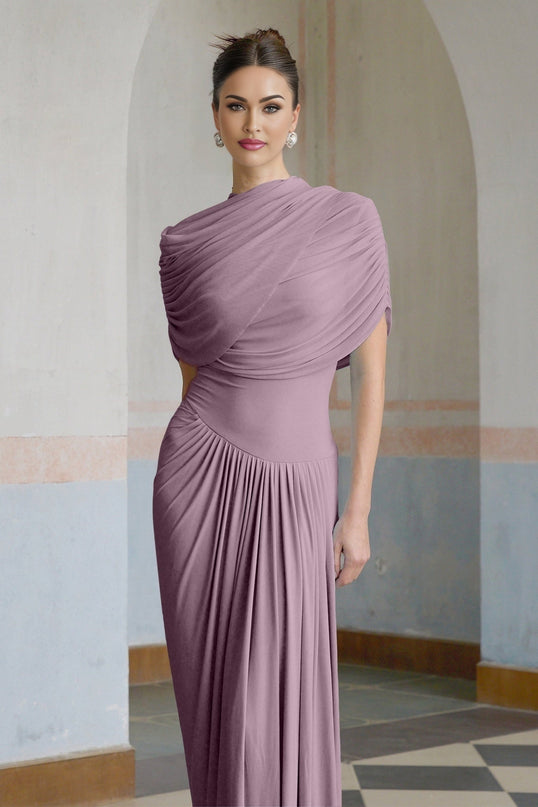 Alfreda Purple Maxi Dress Pleated Shawl Design Sleeveless Crew Neck Floor Length Elegant Luxury