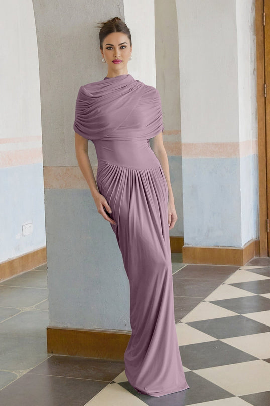 Alfreda Purple Maxi Dress Pleated Shawl Design Sleeveless Floor-Length Elegance