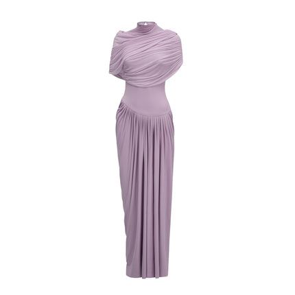 Alfreda Purple Maxi Dress Pleated Detailing Shawl Design Crew Neck Sleeveless Silhouette Floor Length Luxurious Blend