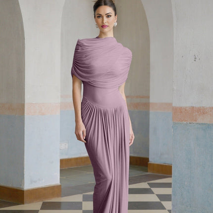 Alfreda Purple Pleated Maxi Dress Polyamide Elastane Shawl Crew Neck Sleeveless Floor-Length Elegant Luxury