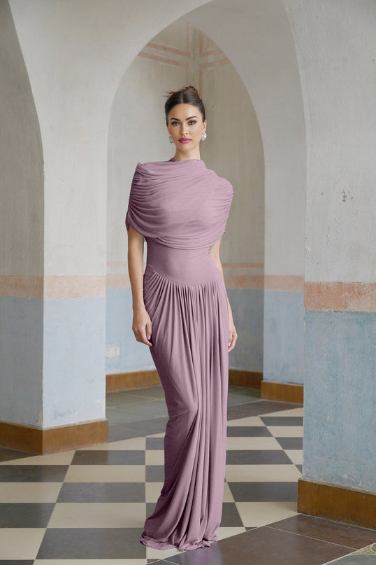 Alfreda Purple Pleated Maxi Dress Polyamide Elastane Shawl Crew Neck Sleeveless Floor-Length Elegant Luxury