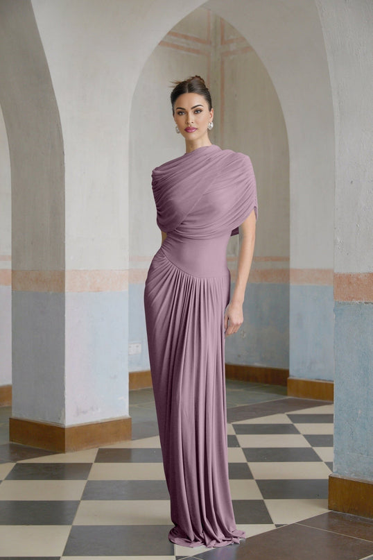 Alfreda Purple Pleated Maxi Dress with Shawl Design and Dramatic Draping