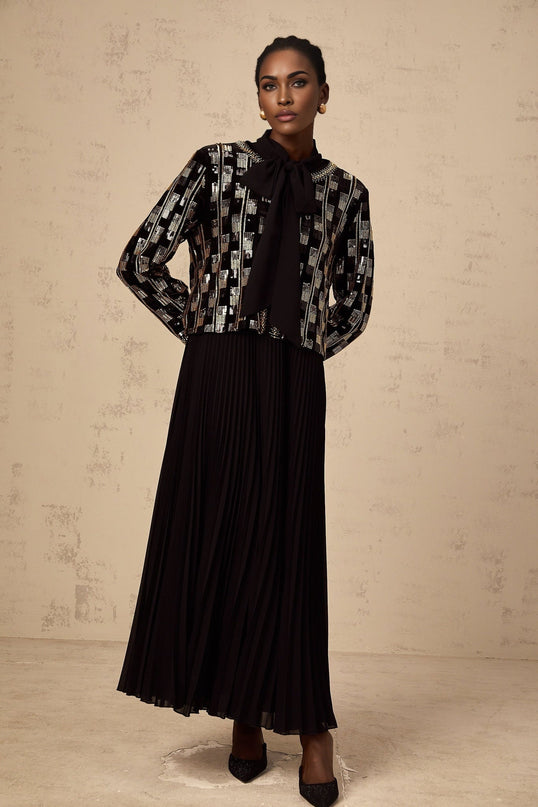 Alice Cardigan & Dress Check Sequin Matching Set in Gold & Black