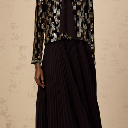 Alice Cardigan & Dress Check Sequin Matching Set in Gold & Black