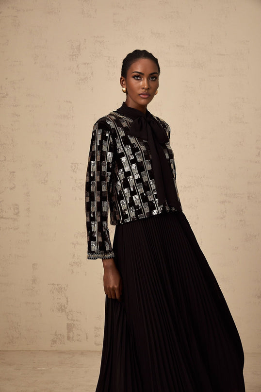 Alice Cardigan & Dress Check Sequin Matching Set in Gold & Black