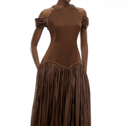 Alice Chocolate Brown Embellished Pleated Maxi Dress