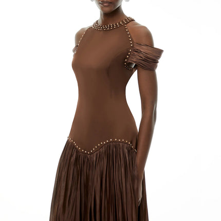 Alice Chocolate Brown Embellished Pleated Maxi Dress