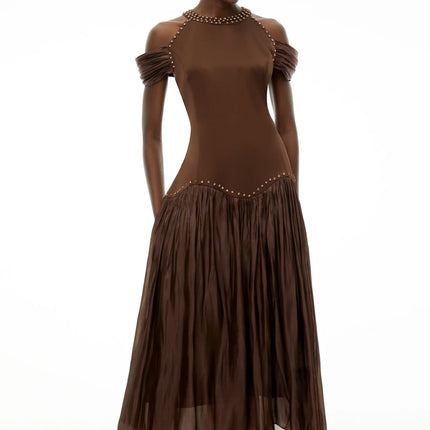 Alice Chocolate Brown Embellished Pleated Maxi Dress