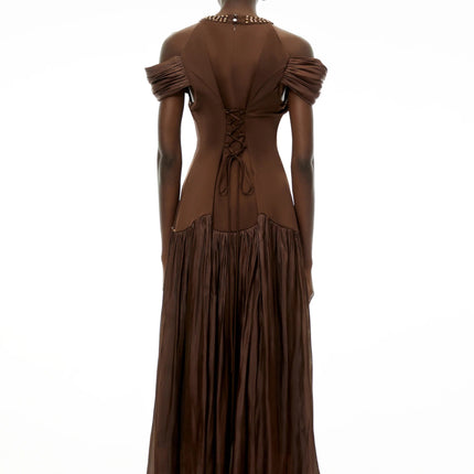 Alice Chocolate Brown Embellished Pleated Maxi Dress