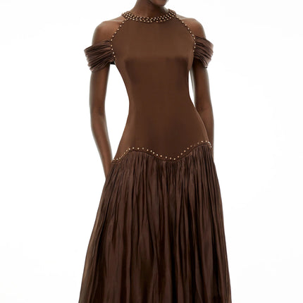 Alice Chocolate Brown Embellished Pleated Maxi Dress