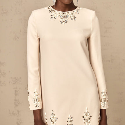 Alice Mini Dress Neutrals Crystal Embellished Long Sleeve Straight Hem Round Neck Rear Zip Fastening Thigh Length Luxury Blend Terylene Acrylic Special Occasions Evening Events Timeless Style