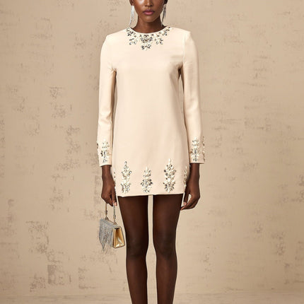 Alice Mini Dress Neutrals Crystal Embellished Long Sleeve Straight Hem Round Neck Rear Zip Fastening Thigh-Length Terylene Acrylic Blend