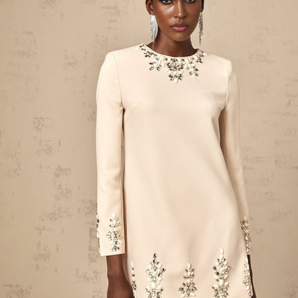 Alice Mini Dress Neutrals Crystal Embellished Long Sleeve Straight Hem Round Neck Rear Zip Fastening Thigh Length Luxurious Blend Terylene Acrylic Special Occasions Evening Events Elegant Sophisticated Modern Woman Refinement Timeless Style