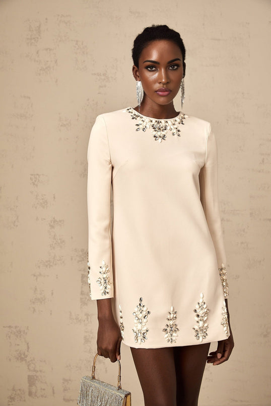 Alice Mini Dress Neutrals Crystal Embellished Long Sleeve Straight Hem Round Neck Rear Zip Fastening Thigh Length Luxurious Blend Terylene Acrylic Special Occasions Evening Events Elegant Sophisticated Modern Woman Refinement Timeless Style