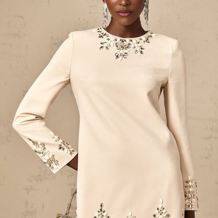 Alice Mini Dress Neutrals Crystal Embellished Long Sleeve Round Neck Rear Zip Fastening Thigh Length Terylene Acrylic
