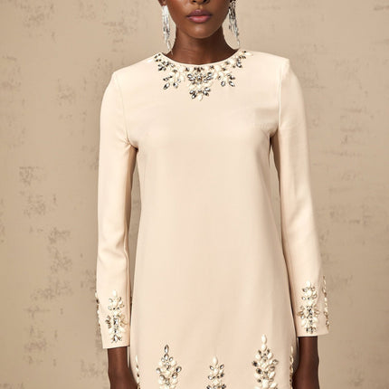 Alice Mini Dress Neutrals Crystal Embellished Long Sleeve Straight Hem Round Neck Rear Zip Fastening Thigh-Length Luxurious Blend Terylene Acrylic Elegant Sophisticated Modern Woman Special Occasions Evening Events Timeless Style