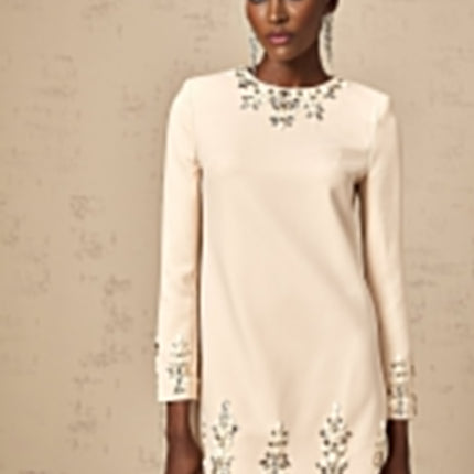 Alice Mini Dress Neutrals Crystal Embellished Long Sleeve Straight Hem Round Neck Rear Zip Fastening Thigh Length Luxurious Blend Terylene Acrylic Elegant Sophisticated Modern Woman Special Occasions Evening Events Timeless Style
