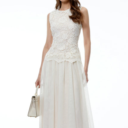 Alice Neutral Floral Applique Lace Midi Dress