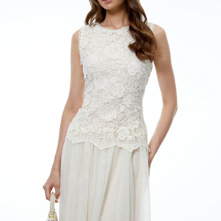 Alice Neutral Floral Applique Lace Midi Dress